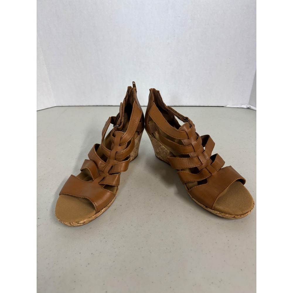 Rockport TruTech Briah Tan Leather Gladiator Cork Wedge Sandals Womens 8 NWOT